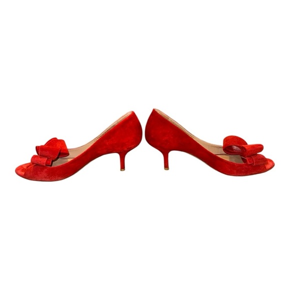 Vintage Valentino Garavani Red Suede Peep Toe Bow Pumps – Size 38.5 (US 8) - Picture 5 of 12